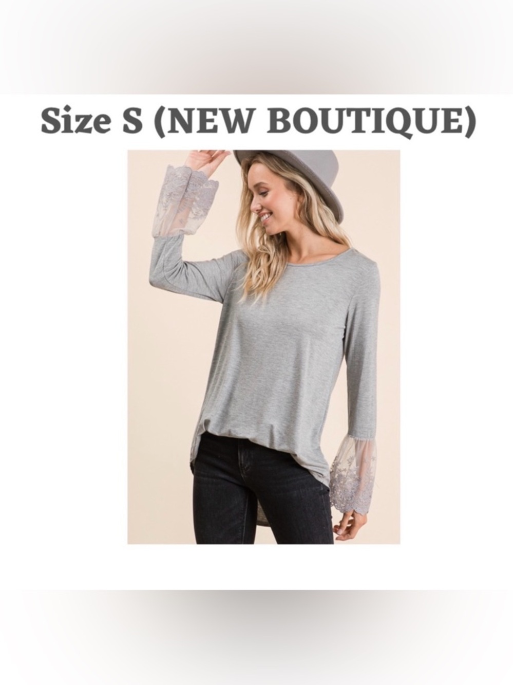 NEW BOMBOM Gray Knit Blouse with Lace Flared Sleeves Pullover Women's Size S